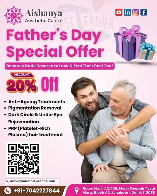 Dads deserve to feel their best too. This was a special Father's Day offer I ran, providing discounts on popular treatments for men like anti-aging, pigmentation removal, and PRP hair treatments.
