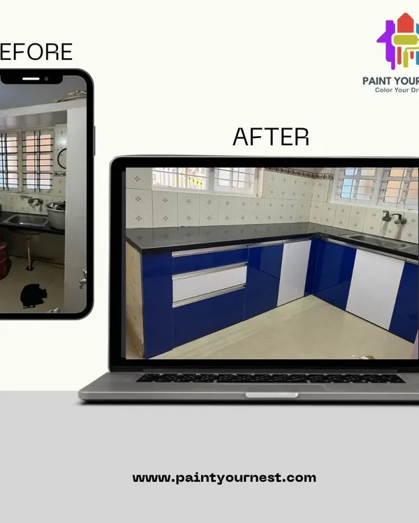 A kitchen is the heart of the home, and I can give it a new life. This before-and-after shows how I transformed old kitchen cabinets with a professional paint and polish job, applying a modern dual-tone finish in blue and white for a clean, updated look.