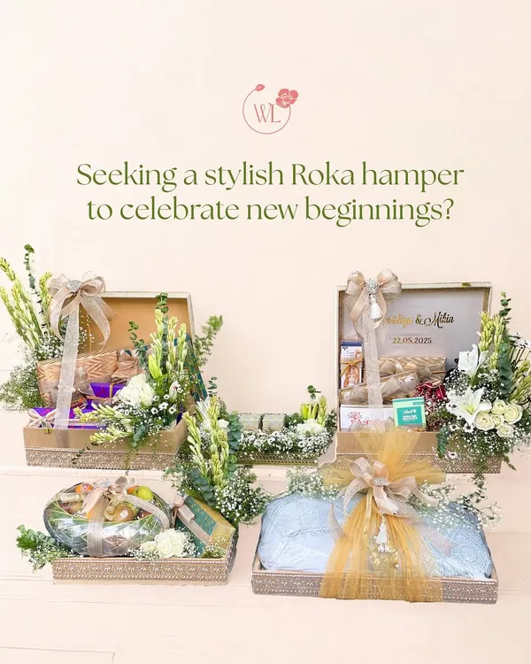 Seeking a stylish Roka hamper? This image displays a full set of coordinated hampers for a roka ceremony, featuring fresh florals, traditional sweets, and beautifully wrapped gifts.