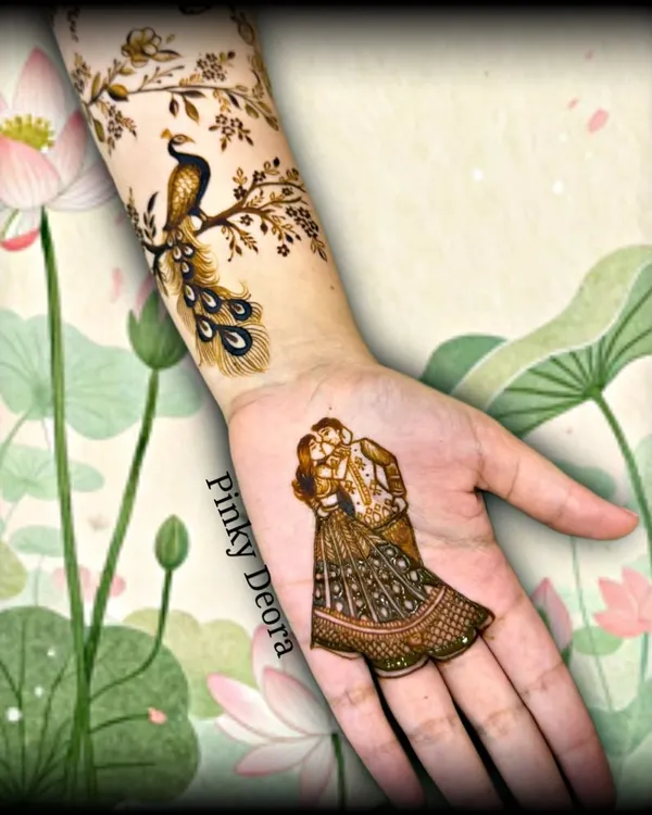 Your love story, right on your hands. For this engagement mehndi, I created a delicate portrait of the couple's proposal moment on the palm, complemented by a modern floral vine with a peacock on the arm. It’s a perfect example of how we can make your mehndi deeply personal and unique.