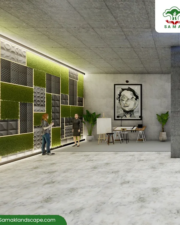 An interior green wall designed for a modern office or gallery space. This installation combines panels of preserved moss with textured acoustic panels and integrated strip lighting, demonstrating how biophilic design can be both functional and artistic.