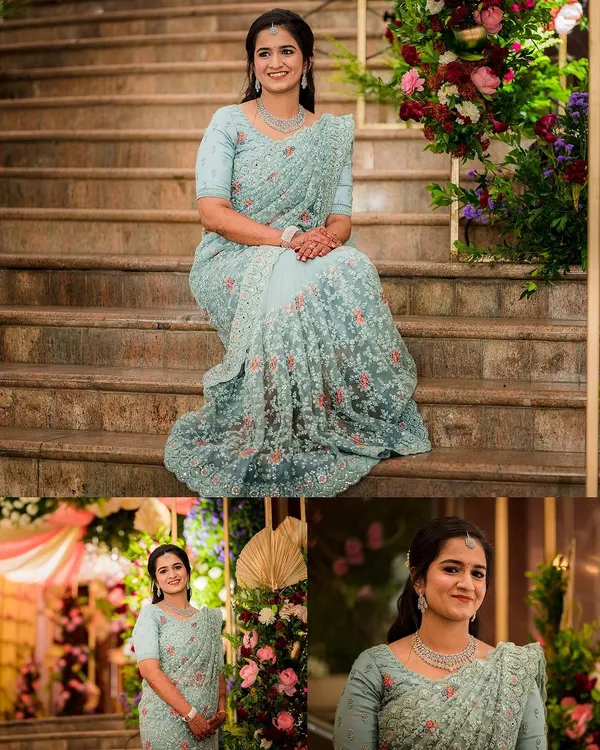 A stunning three-photo collage of a bride in her elegant light blue saree. We capture portraits from various angles to showcase the full look.