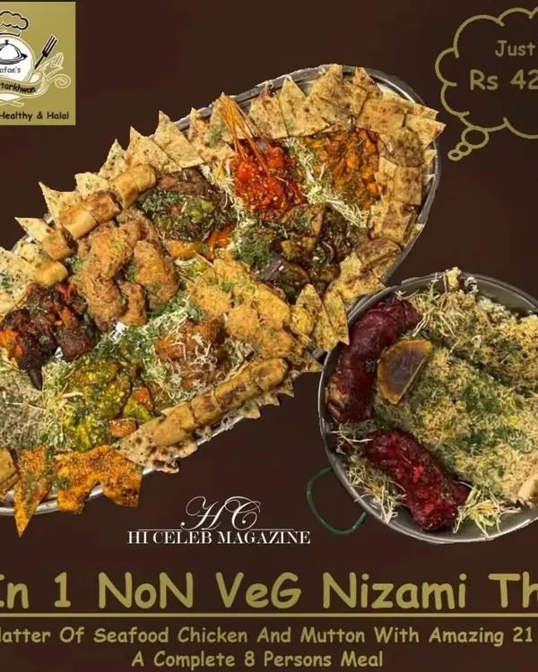 My 3-in-1 Non-Veg Nizami Thaal is a complete party solution. It's a mixed platter with 21 varieties of seafood, chicken, and mutton, making it a complete meal for 8 people. No need to order anything else.