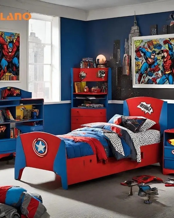 This superhero-themed kids' bedroom is one of our custom creations. We designed and built the Captain America-style bed, bookshelf, and side table to create an exciting space for a young hero.