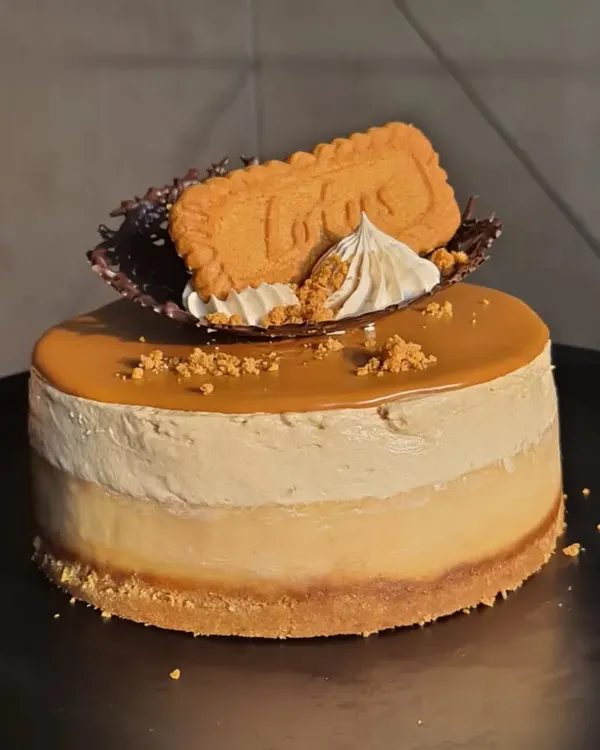 A close-up of my mini Biscoff cheesecake. It has a crunchy biscuit base, a creamy cheesecake layer, and is topped with a smooth Biscoff spread, a chocolate lattice, and a Lotus biscuit.