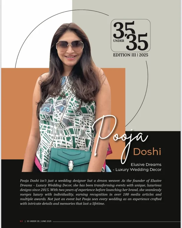 My feature for The Economic Times '35 Under 35', recognizing me as a 'dream weaver' in luxury wedding decor. This was a proud and surreal moment in my journey.