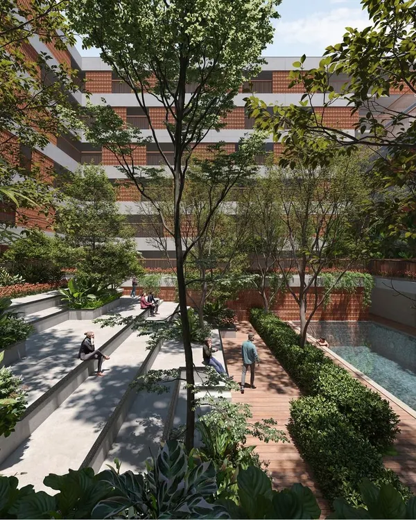 This rendering illustrates my vision for a vibrant community living project. The design integrates a swimming pool, wooden deck, and stepped seating areas within a lush central courtyard, creating multiple zones for relaxation and social interaction.