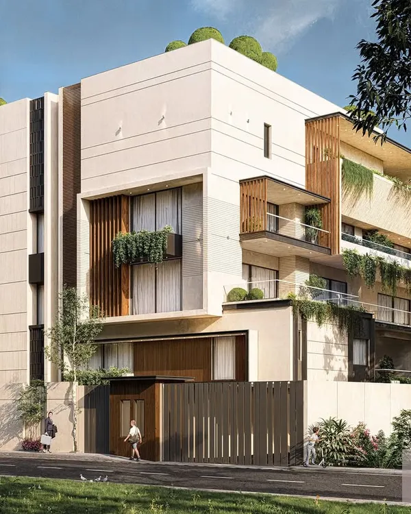 Another view of our 20,000 sq. ft. mansion concept, showcasing the interplay of volumes, shadows, and integrated green spaces. Every detail is designed to evoke a sense of quiet luxury and timelessness.