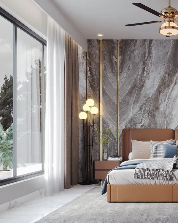 This bedroom render showcases a dramatic stone-textured feature wall with inlaid golden accents. I focused on the reflection of light on the marble floor and the soft textures of the bedding to create a sense of serene luxury.