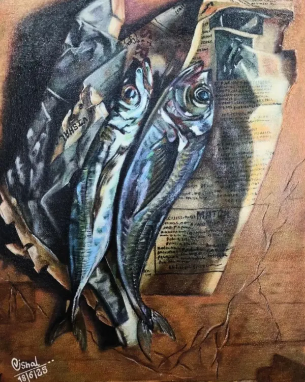 This complete artwork by our student Vishal showcases his skill in realistic painting. He expertly rendered the iridescent scales of the fish, the crinkled texture of the newspaper, and the complex play of light and shadow to create a compelling still life composition.