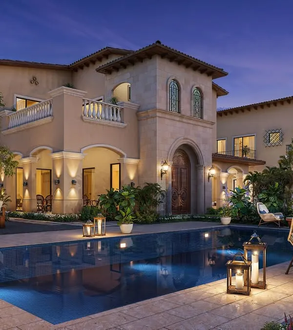 A twilight rendering of a Mediterranean-style villa for ATS Developer. We focused on creating a warm, inviting atmosphere by simulating multiple light sources, including interior lights, landscape uplighting, and lantern reflections on the pool surface, to showcase the property's evening appeal.