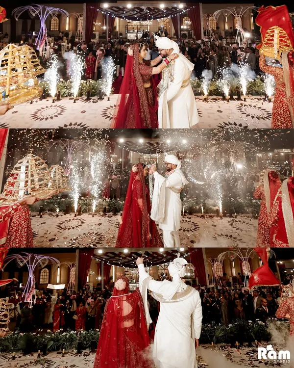 A collage capturing the spectacular Varmala ceremony. Set against a grand palace-like backdrop with pyrotechnics, these images document the couple's exchange of garlands, a moment of union and celebration.