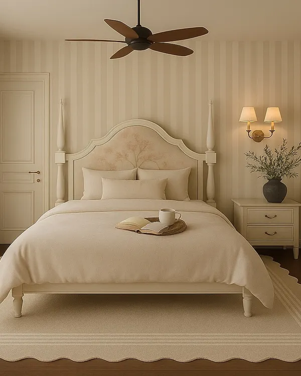 A serene and inviting mother's room, designed with a cozy four-poster bed and a subtle striped wallpaper. The neutral color palette and classic furniture create a timeless and peaceful retreat.