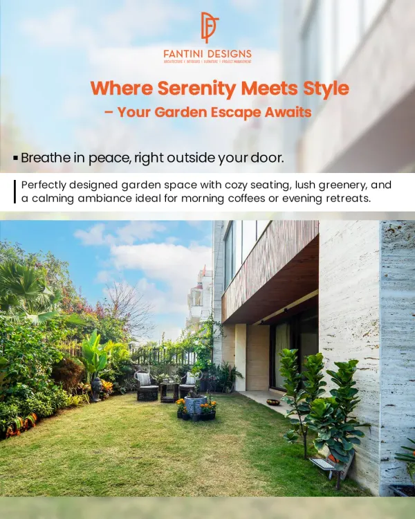 A perfectly designed garden space. We created a serene escape with comfortable seating on a lush lawn, surrounded by thoughtful plantation.