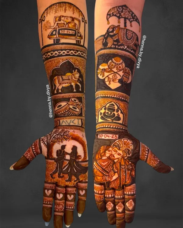 This full bridal mehendi tells a complete wedding story. It features a dancing couple, a groom's baraat on an elephant, a doli scene, auspicious Ganesha, and even the wedding date, all woven together with intricate patterns.