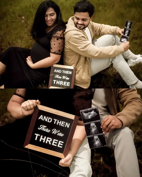 A classic announcement collage showing the couple together and a close up on the details. The "And Then There Were Three" sign and sonogram pictures tell the story clearly and beautifully.