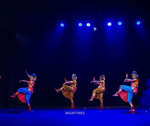 A vibrant group of our young dancers performing at the Sadhana Dance Festival. This festival is curated exclusively for our students to celebrate their dedication and artistic growth.