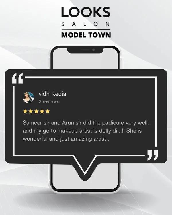 A glowing 5 star review from a happy client. Vidhi praises our technicians Sameer and Arun for a pedicure done very well and highlights the amazing artistry of our makeup artist.