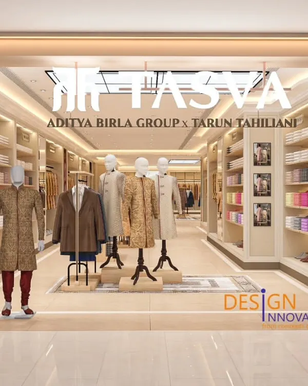 The storefront for TASVA, a luxury brand from Aditya Birla Group & Tarun Tahiliani. We designed this entrance to be a grand invitation, using warm lighting and elegant architecture to communicate sophistication before a customer even steps inside. This is how we build brand presence from the ground up.