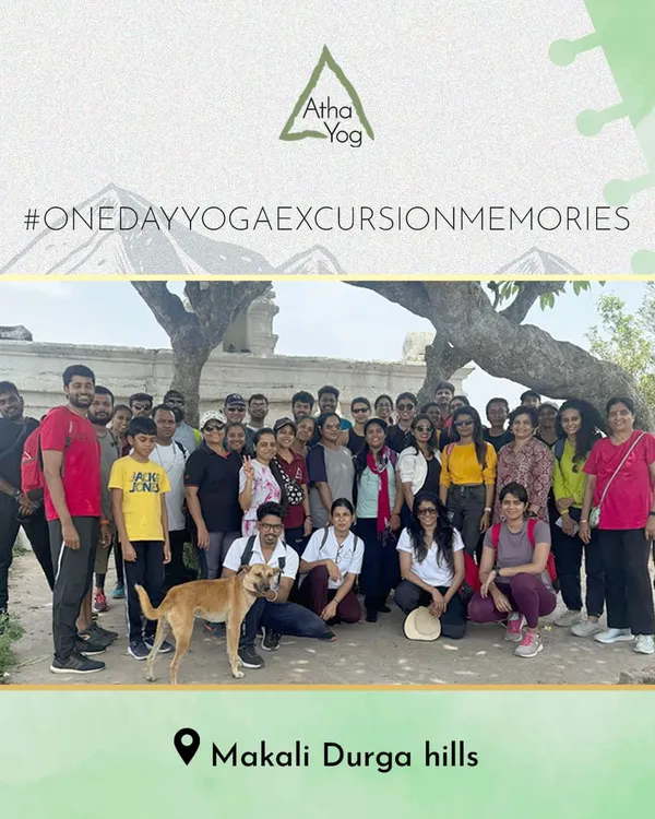 A group photo from our one-day yoga excursion to the beautiful Makali Durga hills. Combining nature, trekking, and yoga creates an unforgettable experience for our community.