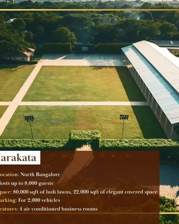 An aerial view of our Marakata venue in North Bangalore, showcasing its 80,000 sqft of lush lawns. This expansive outdoor space is perfect for hosting large-scale events, festivals, and grand weddings of up to 8,000 guests.