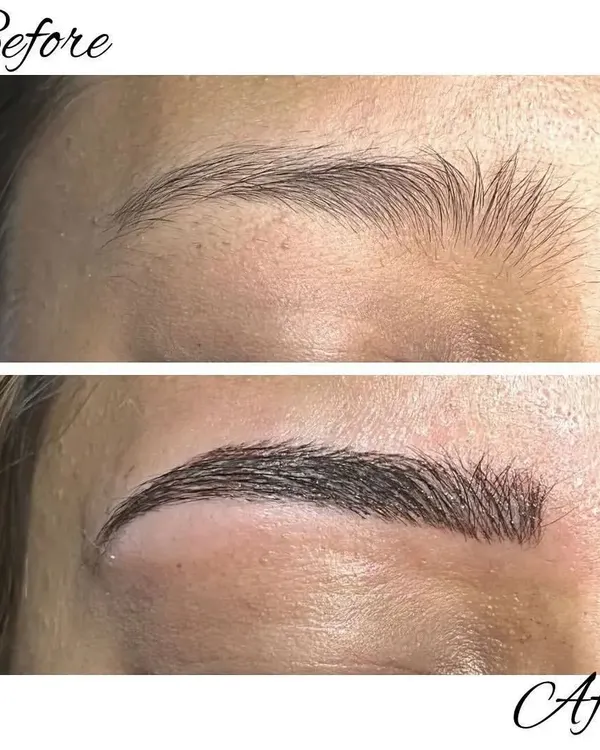 This before and after comparison clearly demonstrates the impact of microblading. Notice how the brows are transformed from sparse to perfectly full and defined, creating a natural yet polished look. This is the artistry you will learn to master.