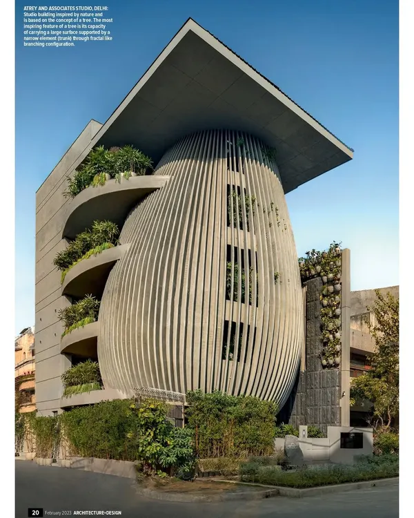 The Atrey & Associates design studio, featured in Architecture+Design. The building's form is inspired by a tree, with a central trunk and branching, fractal-like configurations that create a dynamic and organic structure.