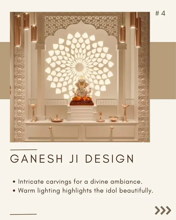 This Ganesh Ji design features a stunning backlit jaali panel with an intricate floral pattern. The warm lighting and detailed carvings create a divine atmosphere, making the idol the beautiful centerpiece of this sacred space.