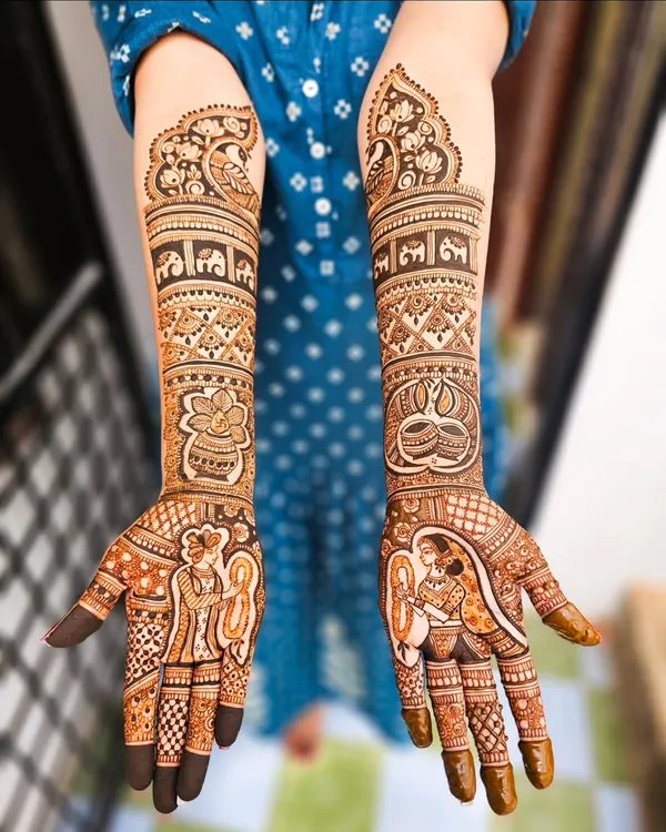 This is what I love to do: telling your unique love story through intricate bridal henna. This design features portraits of the couple, surrounded by traditional motifs like peacocks and elephants, extending all the way to the elbows.