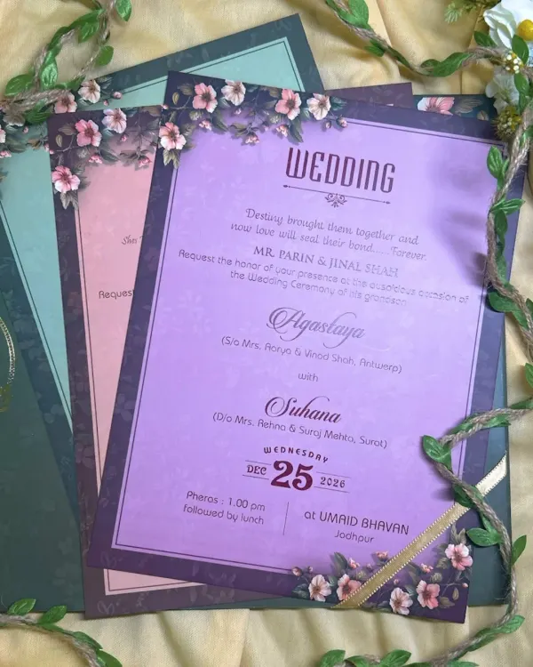A suite of multi-colored inserts featuring a beautiful floral border design, perfect for organizing details for different wedding events.