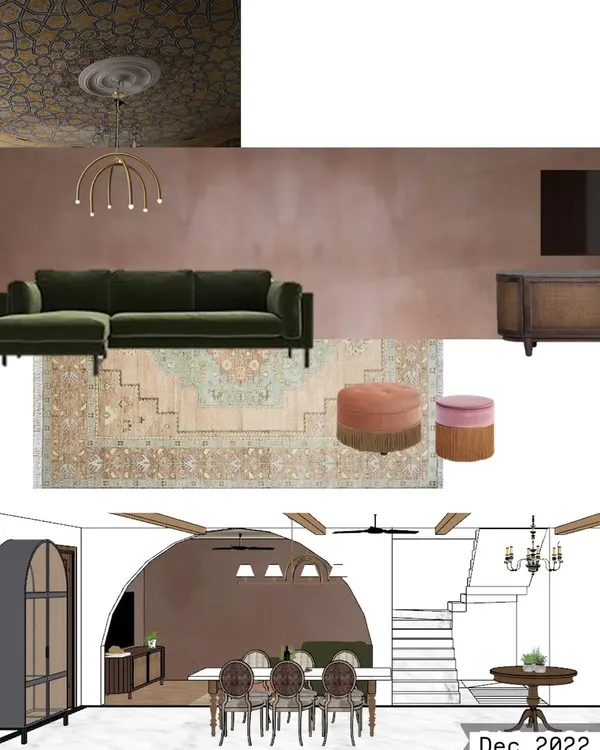 This was our initial mood board and sketch for the Quiet Ornate project. We envisioned deep rosé walls, a wallpapered ceiling, and a plush olive sofa to create a layered, moody vibe.