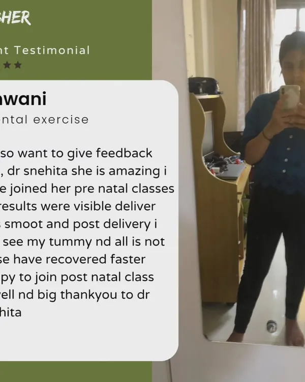 Dhwani shares her amazing feedback on our prenatal classes with Dr. Snehita. She experienced a smooth delivery and saw visible results in her tummy recovery post delivery, and is now excited to join our postnatal classes.