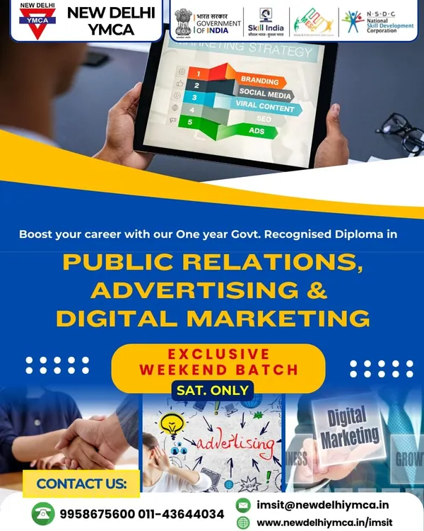 This poster details our one-year government-recognized diploma in Public Relations, Advertising & Digital Marketing. We offer an exclusive weekend batch, making it ideal for working professionals and students.