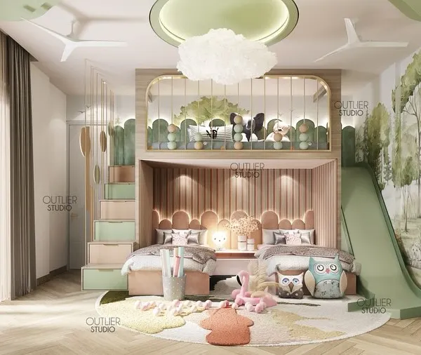 Welcome to every kid’s dreamland. This playful paradise features a custom bunk bed with its own slide and staircase, a soft green color palette, and a forest-themed mural that sparks imagination and adventure.