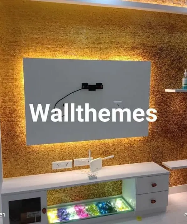 A beautiful, textured yellow grasscloth wallpaper installed as a media wall, creating a warm and sophisticated focal point in this living room. The backlighting highlights the wallpaper's rich texture.
