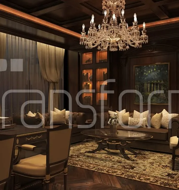 I designed this home office to be a retreat where elegance meets productivity. The rich wood textures, leather details, and grand crystal chandelier recreate an old-world charm, creating a space for work, creativity, and unwinding.