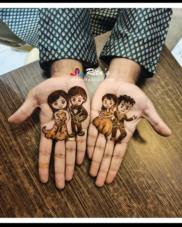 A simple and sweet caricature design for the groom, showing him and his bride. This is a popular choice for grooms who want a touch of henna.