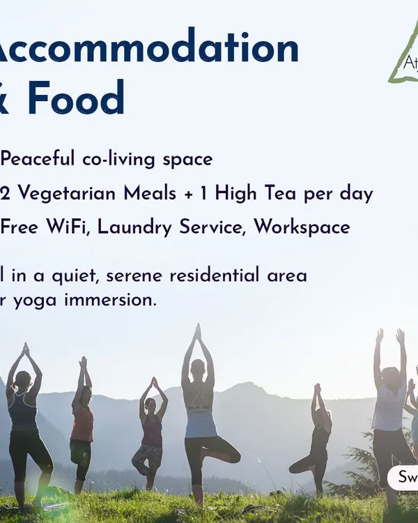 A residential course is about creating a complete yogic environment. This graphic explains our accommodation and food arrangements, which include a peaceful co-living space, two vegetarian meals and high tea each day, and essential amenities like WiFi and laundry. It is all designed for a serene yoga immersion.