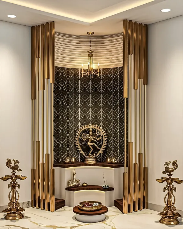 This is our hero design, showcasing a luxurious and modern pooja space. We used vertical golden-finished flutes to create a sense of height and grandeur, framing a patterned black wallpaper. The central focus is a Nataraja statue on a tiered marble platform, illuminated by a classic chandelier and soft ambient lighting, creating a truly divine atmosphere.