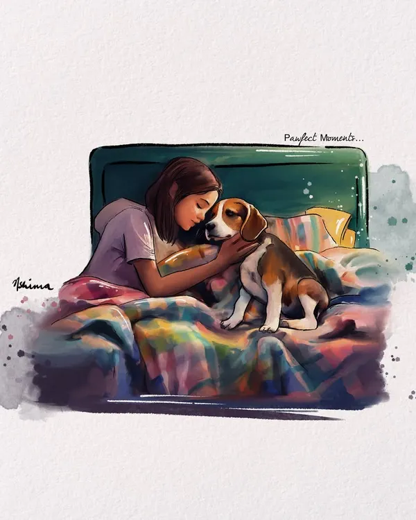 This is one of those quiet, perfect moments with my beagle, Joey. I love capturing these little nightly rituals, turning a simple, heartfelt memory into a custom digital illustration that you can cherish forever. It’s these connections that I love to paint.