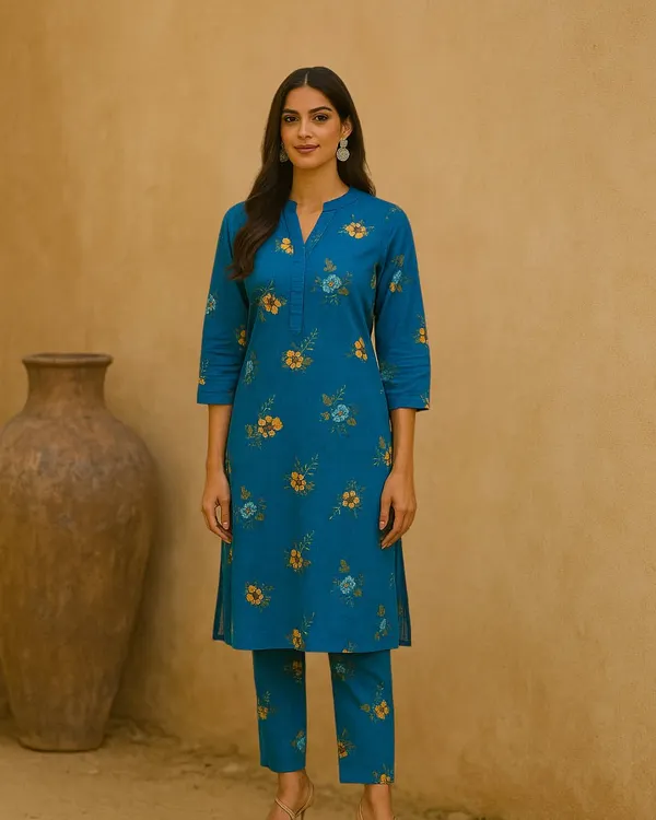 A perfect example of everyday elegance. This straight-cut kurta and pant set is crafted from our printed cotton, offering a comfortable and stylish look for daily wear.