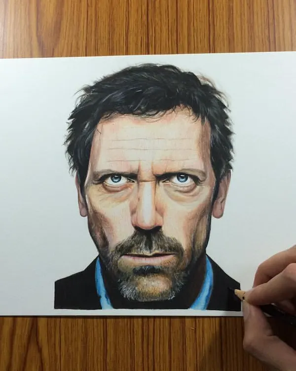 This is a portrait of the actor Hugh Laurie. I really wanted to capture his intense and iconic expression. This piece was created using Caran d'Ache and Faber-Castell colored pencils on 220 GSM art paper to achieve this level of hyper-realism.