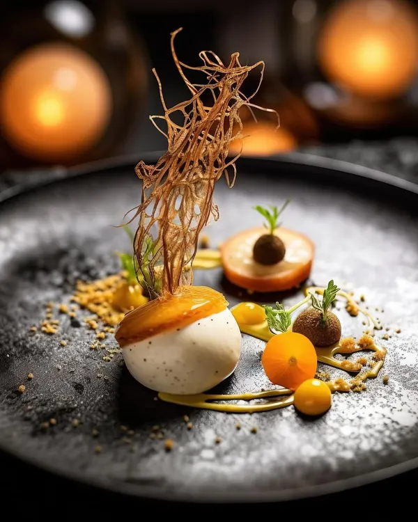 An exploration of flavour and texture. This Truffle Ginger Dessert features a delicate mousse, intricate sugar work, and fresh fruit, all artfully arranged on a modern black plate to create a sophisticated culinary statement.