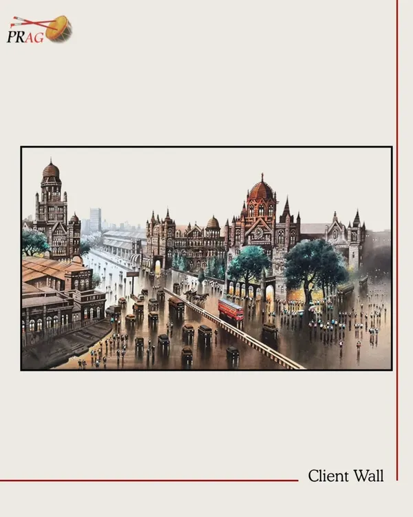 A detailed architectural painting of Mumbai's historic buildings, capturing the city's unique blend of heritage and motion.