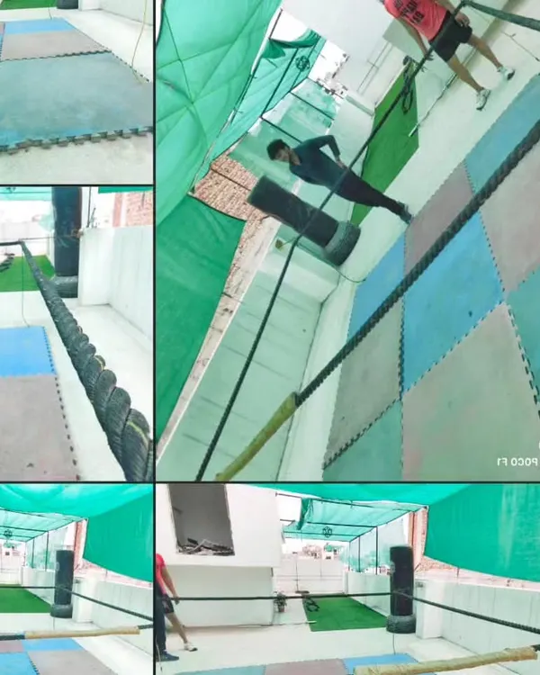 Our rooftop boxing ring setup. The collage shows the matted floor, ropes, and open space where we conduct many of our training and sparring sessions.