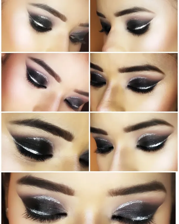 A collage showing the steps and different angles of a graphic smokey eye. This look features a sharp white liner over a black glitter base for a modern, edgy effect.