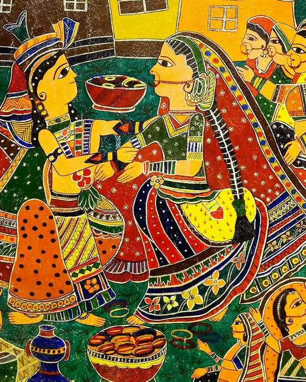 A vibrant Madhubani painting depicting a traditional wedding scene, filled with intricate details, bright colors, and cultural symbolism.