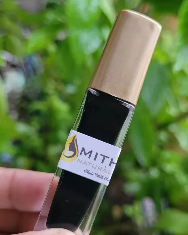 A close-up of my homemade mascara. I make it with almond oil, castor oil, and bentonite clay, so it's gentle and safe for both kids and adults.