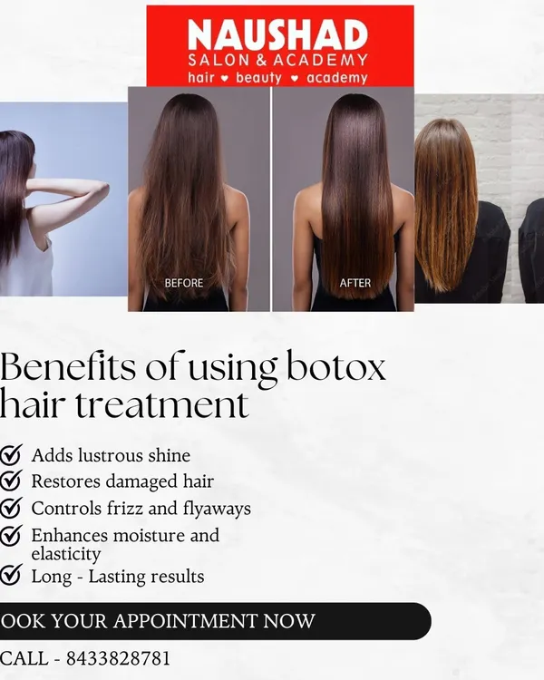 This graphic explains the many benefits of a Botox hair treatment. It's not just about shine; it restores damaged hair, controls frizz, and enhances moisture for long lasting results.