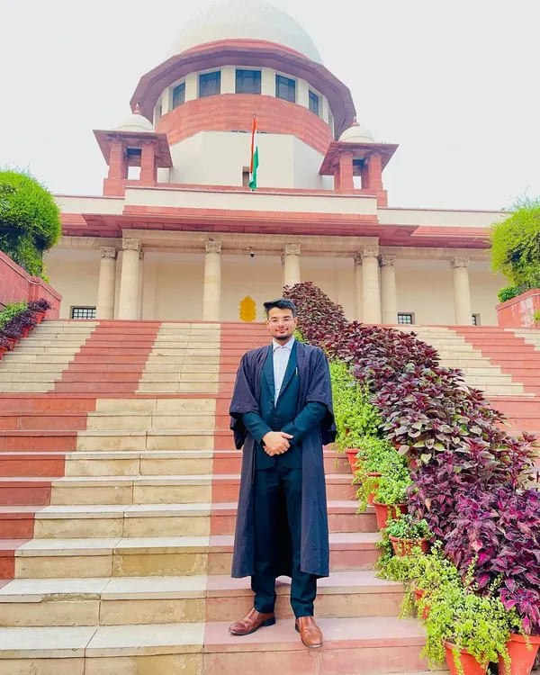 Standing before the Supreme Court of India, where I practice. I believe advocacy is a noble profession that requires unwavering devotion and sincerity to uphold justice for my clients.